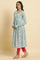 Blue Printed Anarkali Kurta, Pants & Dupatta Set