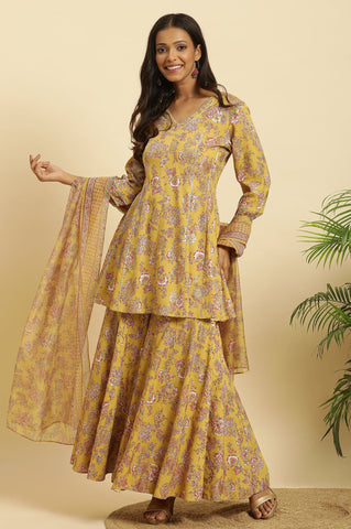 Yellow Floral Printed Short Flared Kurta, Sharara And Dupatta Set