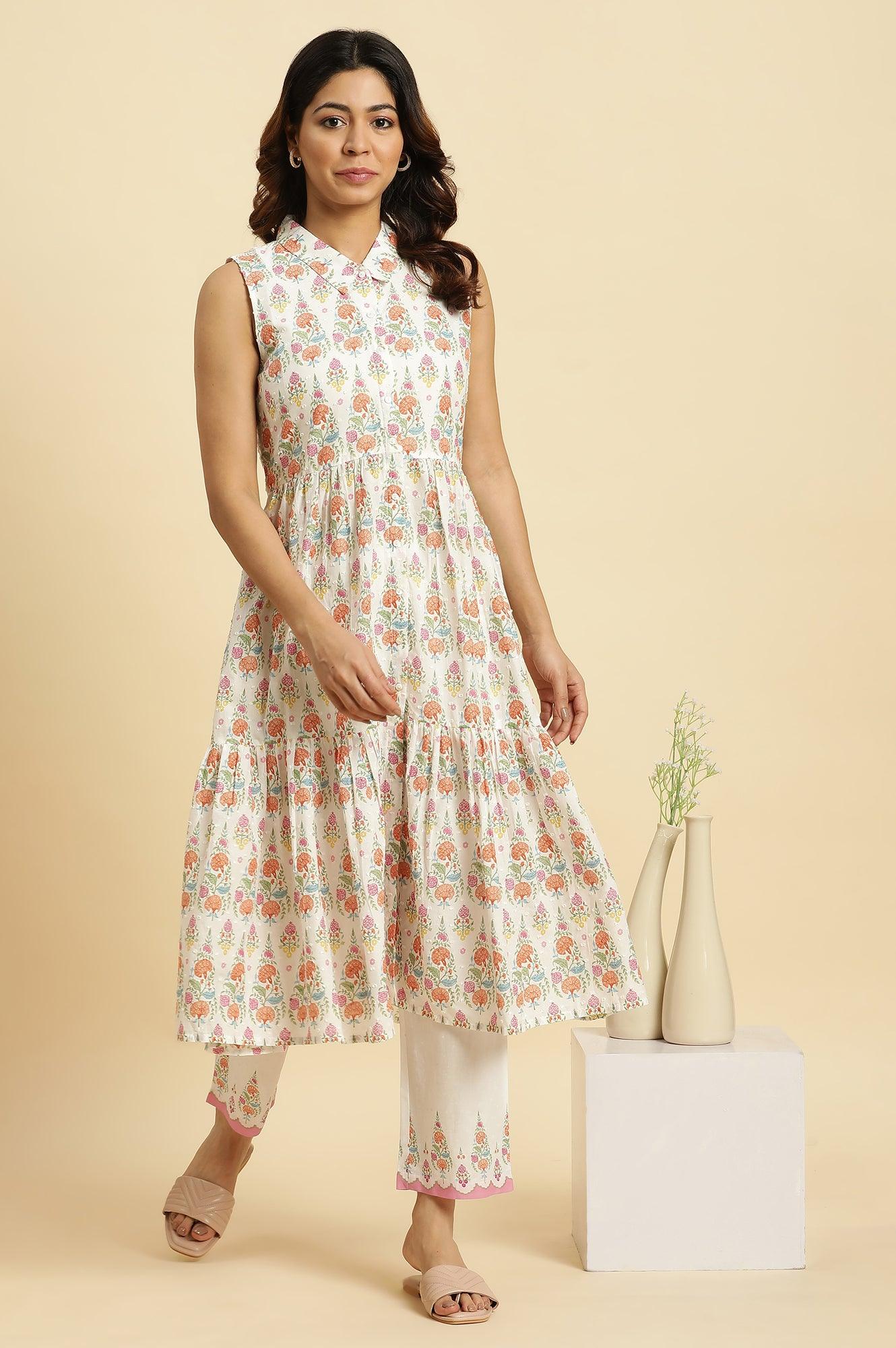 White Cotton Gathered Kurta In Multi-Coloured Print & Pants Set