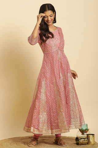 Pink Foil Printed Mock Layered Kurta And  Tights Set