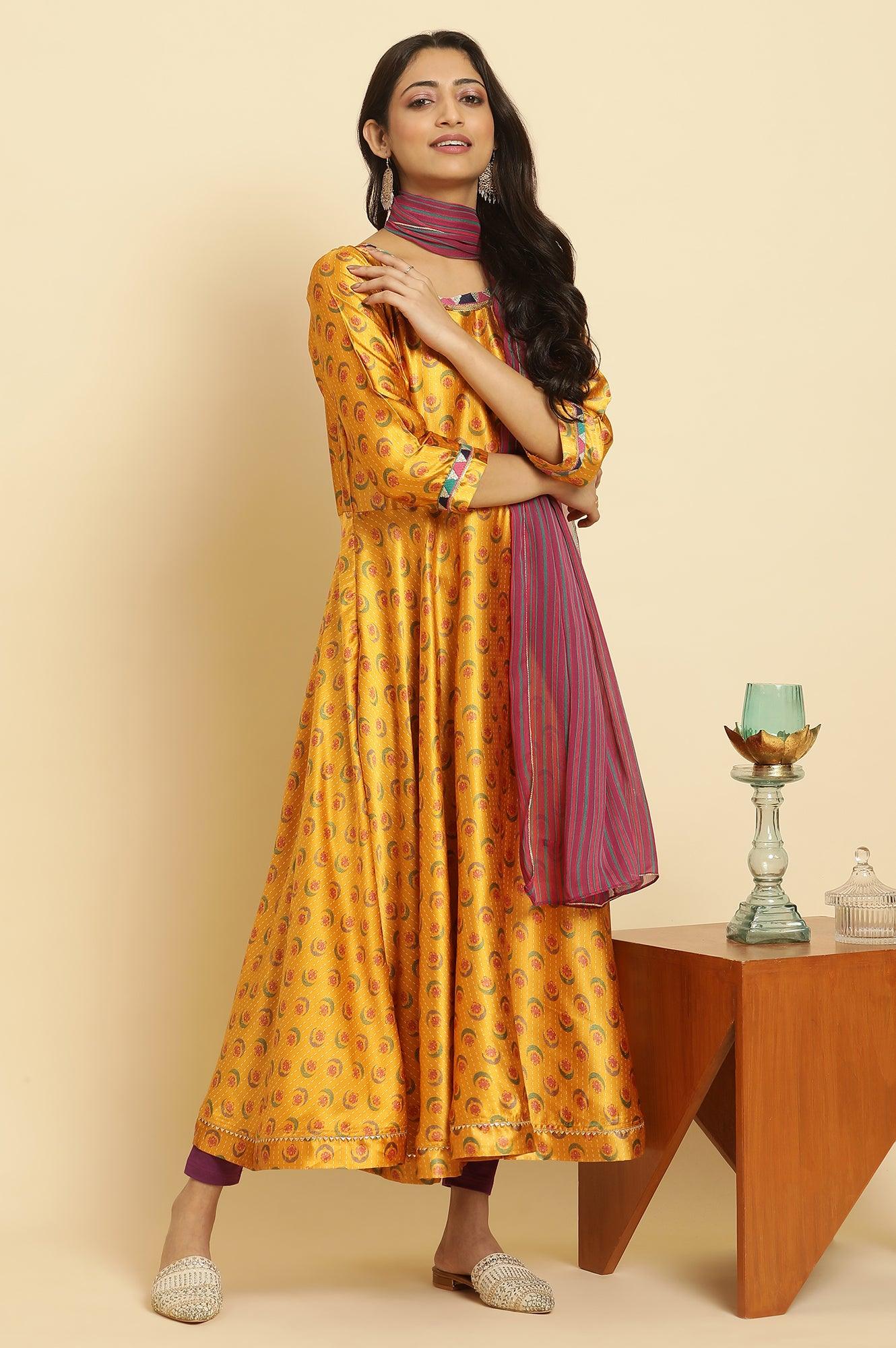 Mustard Yellow Flared Kurta, Tights And Dupatta Set