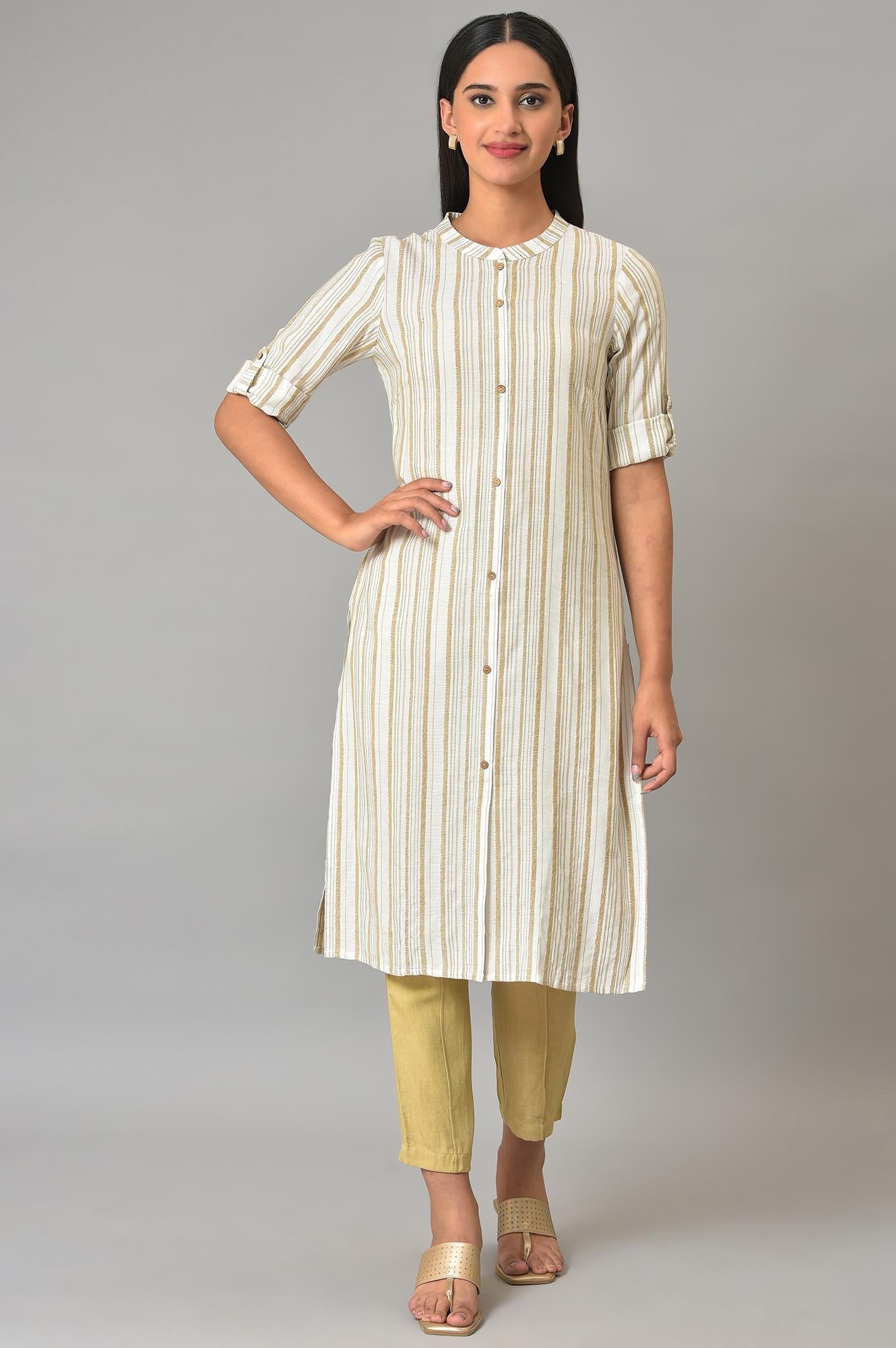 Beige Stripe Print kurta & Trousers Set