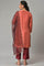 Coral Embroidered kurta With Dark Red Pants And Printed Dupatta