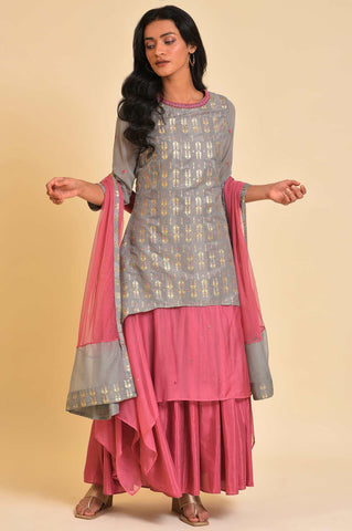 Grey And Pink Layered Asymmetric Dress & Dupatta Set