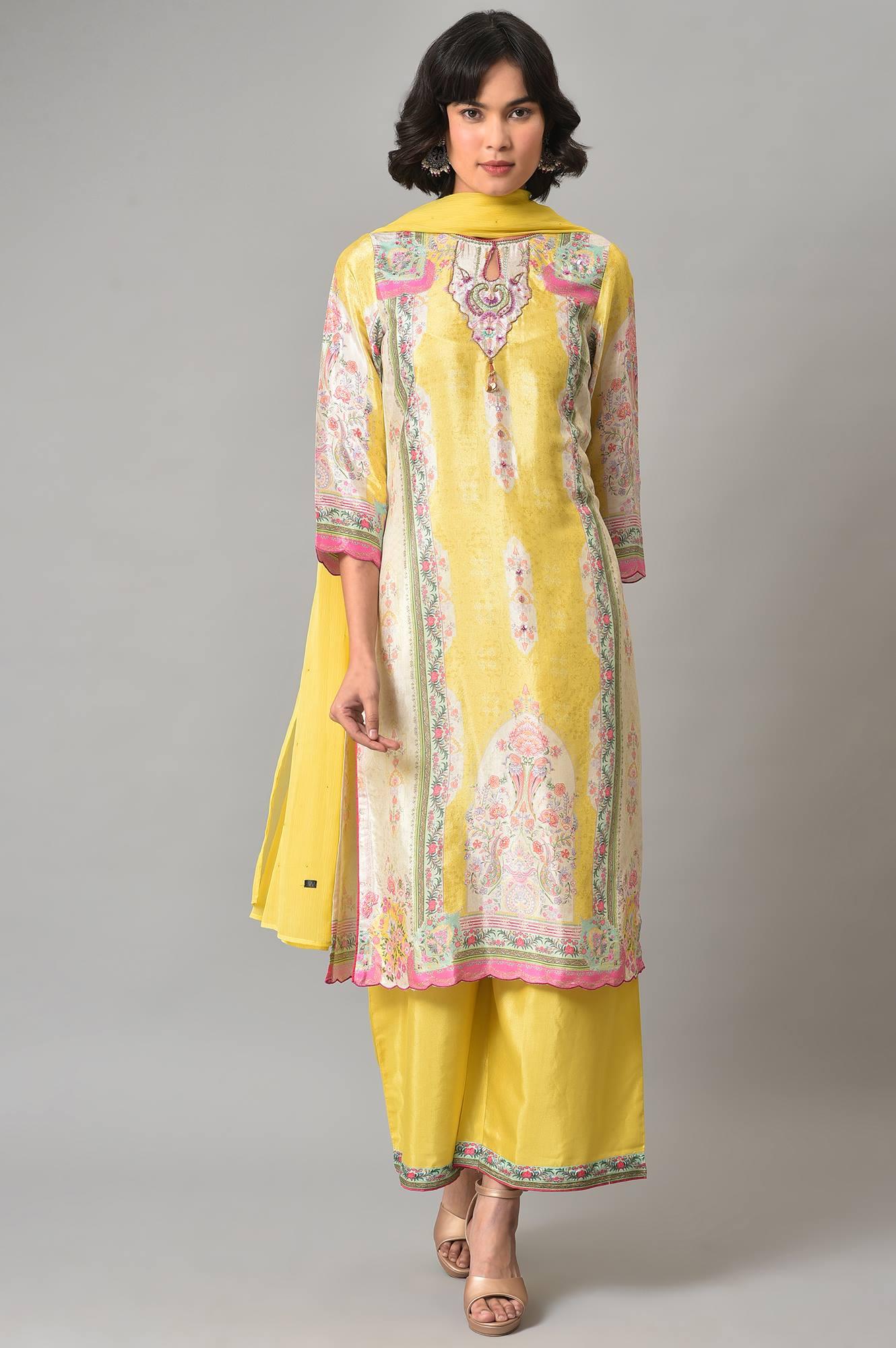 Light Yellow Printed kurta With Parallel Pants And Chiffon Dupatta