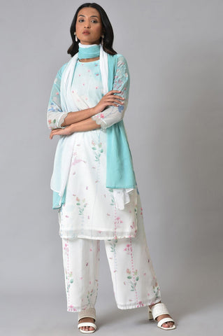 Ecru & Blue Floral Georgette kurta With Parallel Pants And Dupatta