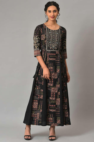 Black Printed Long Dress With Embellished Yoke