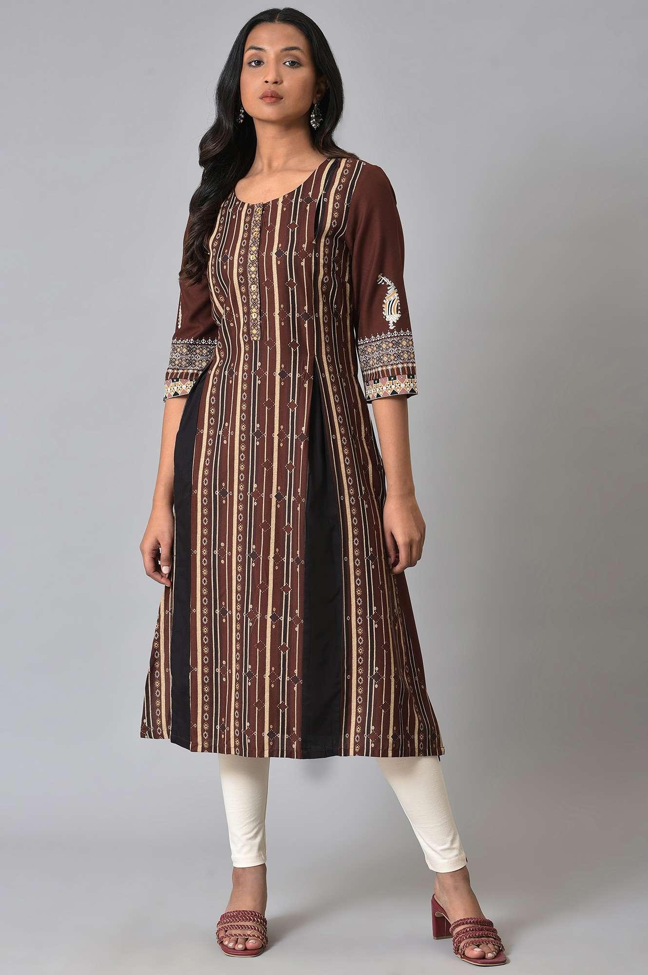 Brown Stripe Printed kurta With Box Pleats