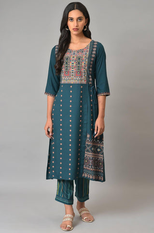 Teal Printed A-Line Mock Layer kurta