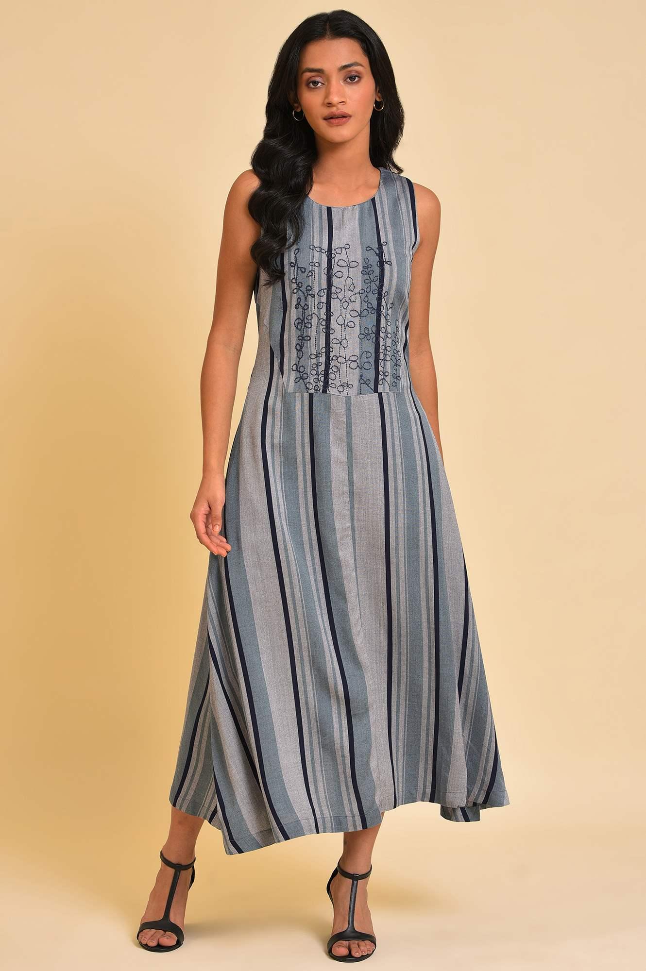 Blue Yarn Dyed Stripe Printed Embroidered Dress