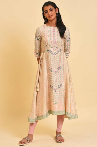 Biege Glitter Printed Flared kurta With Embroidery