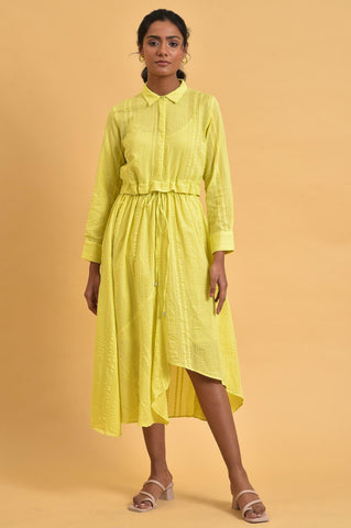 Green Gathered Shirt Collar Dress