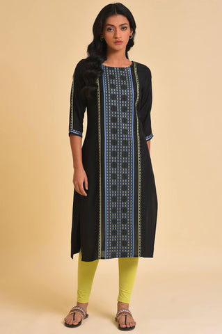 Plus Size Black Straight kurta With Printed Central Panel