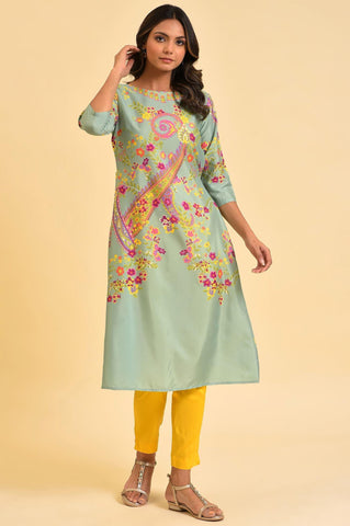 Green Printed kurta With Decorative Side Metal Ring