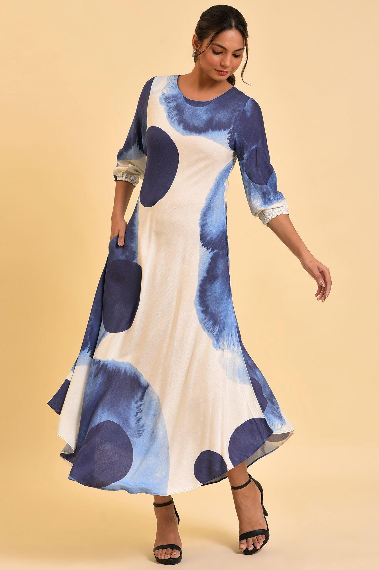 Ecru Flared Dress With Bold Blue Prints