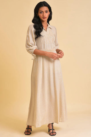 Ecru Embroidered Yarn Dyed Long Dress With Belt