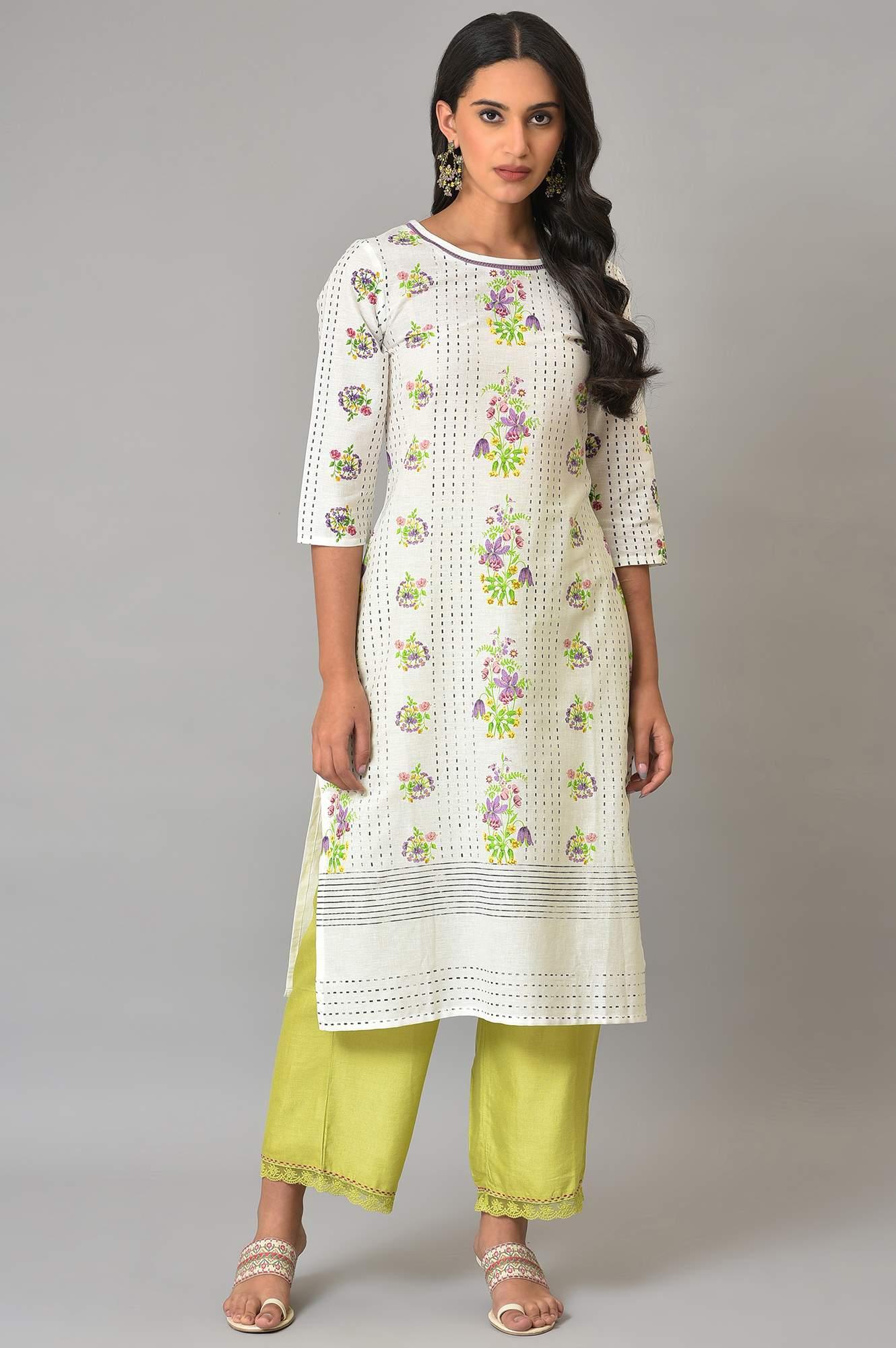 Plus Size Ecru Floral Printed Cotton kurta