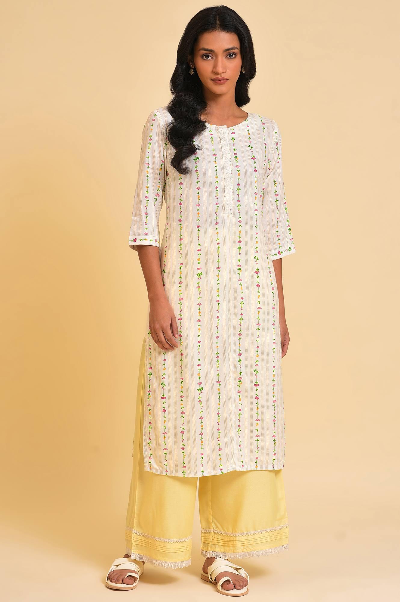 Ecru Printed Straight kurta With Lace Placket