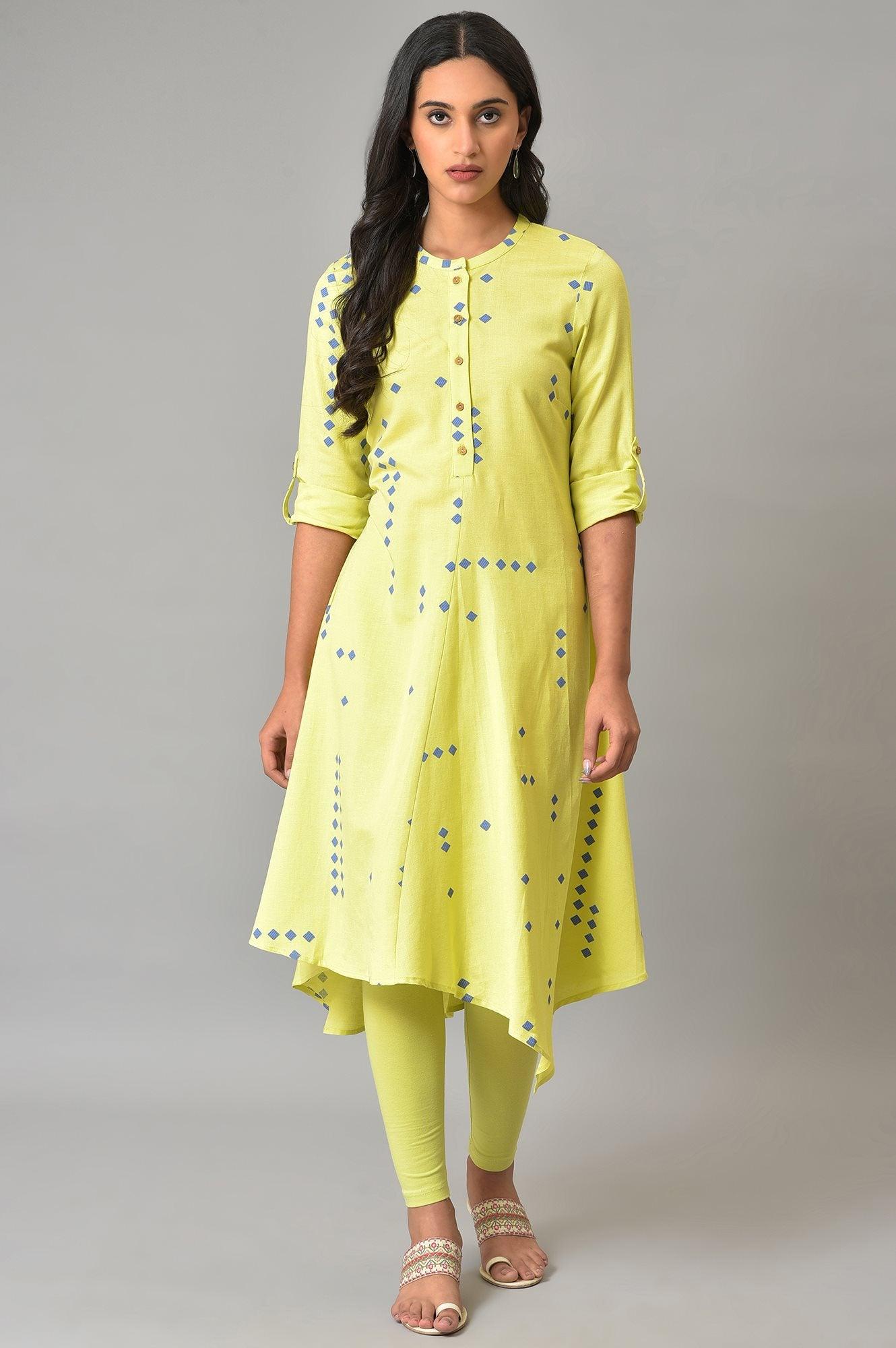 Celery Green Asymmetric kurta In Geometric Print