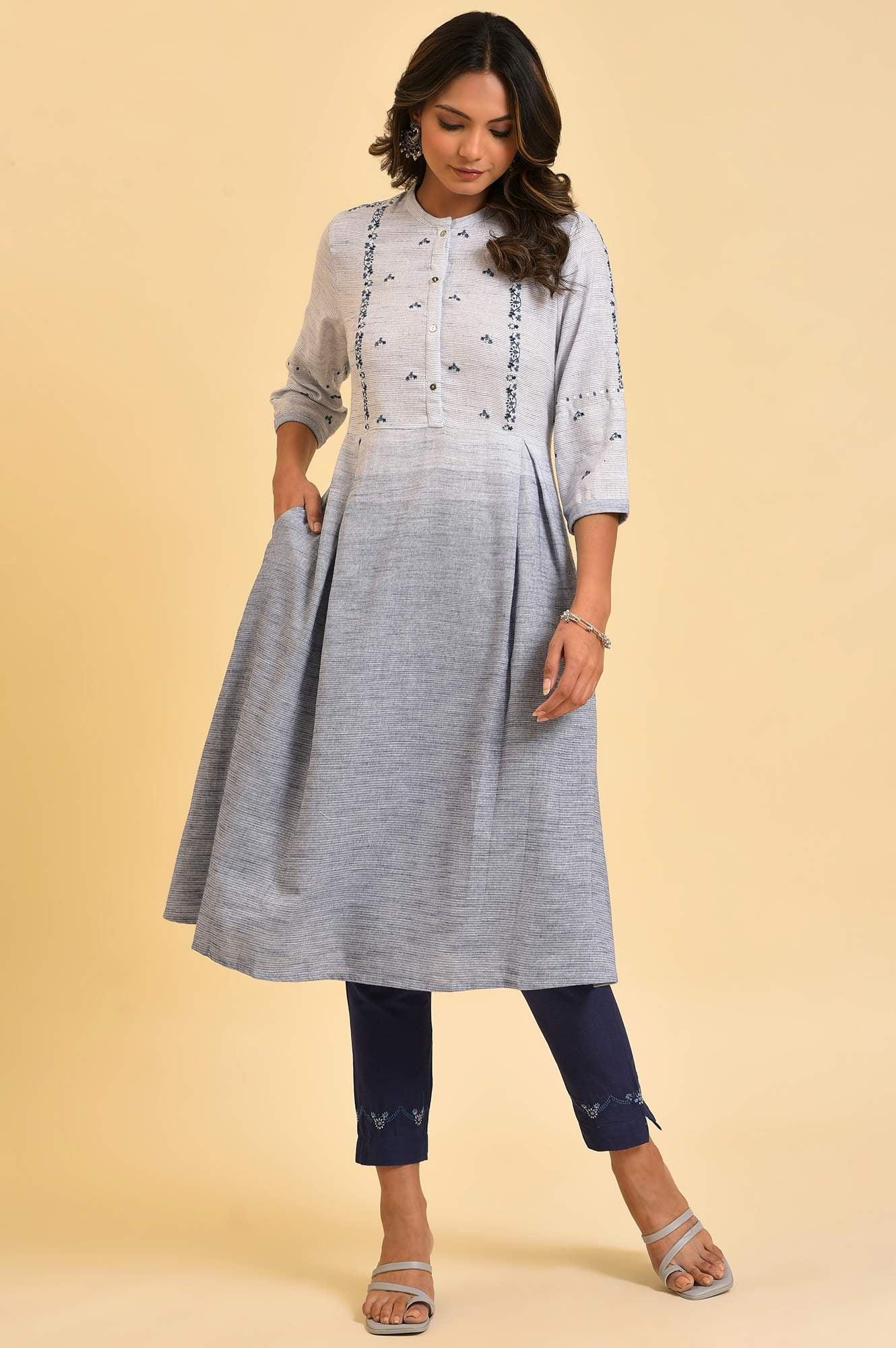 Grey And Blue Ombre A-Line Embroidered kurta