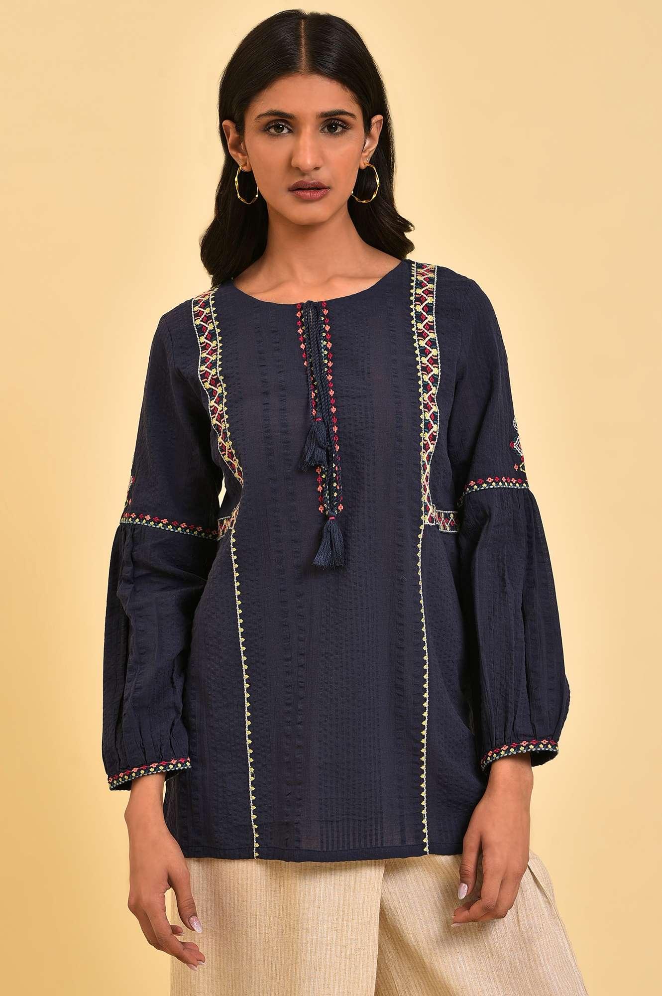 Navy Embroidered A-Line Western Top