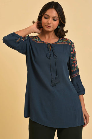 Blue Thread Embroidered Western Top