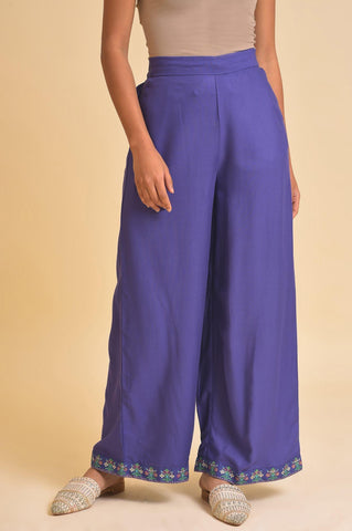 Purple Rayon Embroidered Parallel Pants