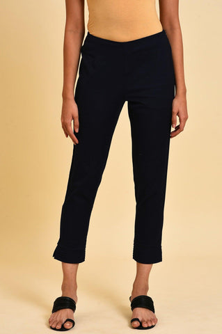 Blue Slim Pants With Pleats At Hemline