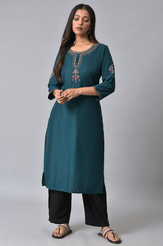 Teal Embroidered kurta Set