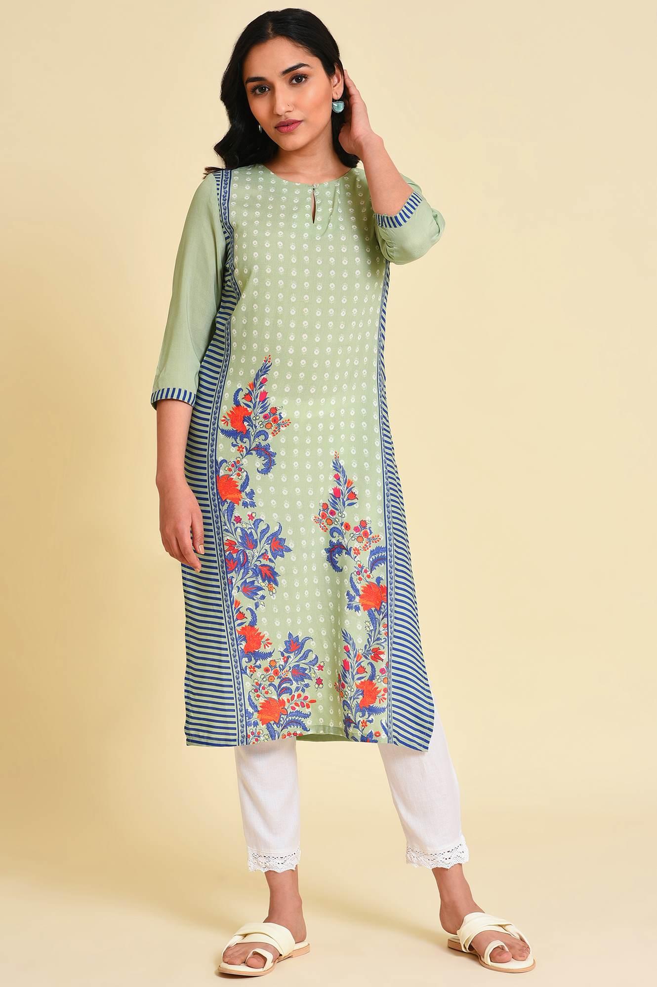 Green Print Mix kurta Set
