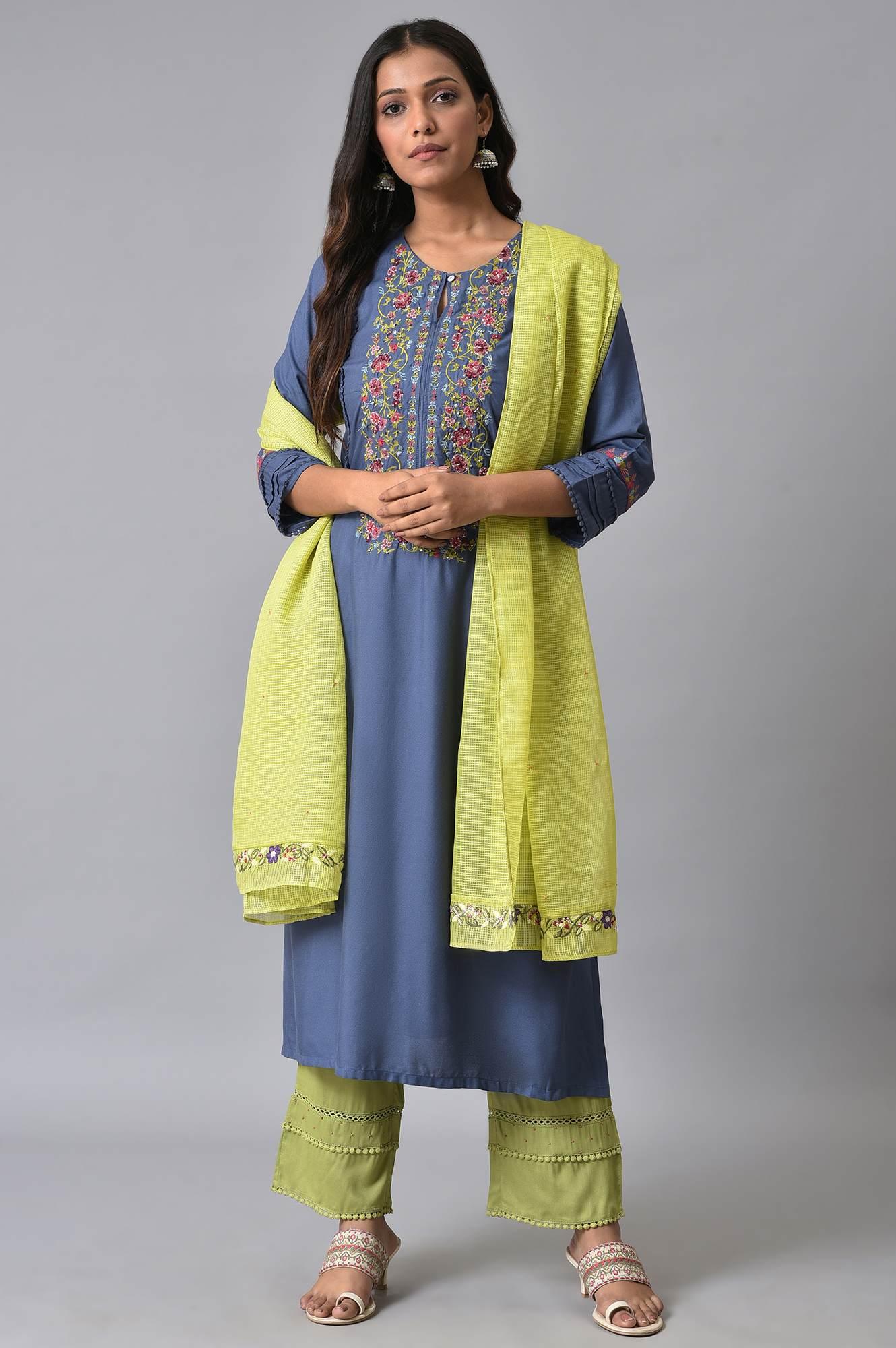 Blue Embroidered Contemporary kurta Set