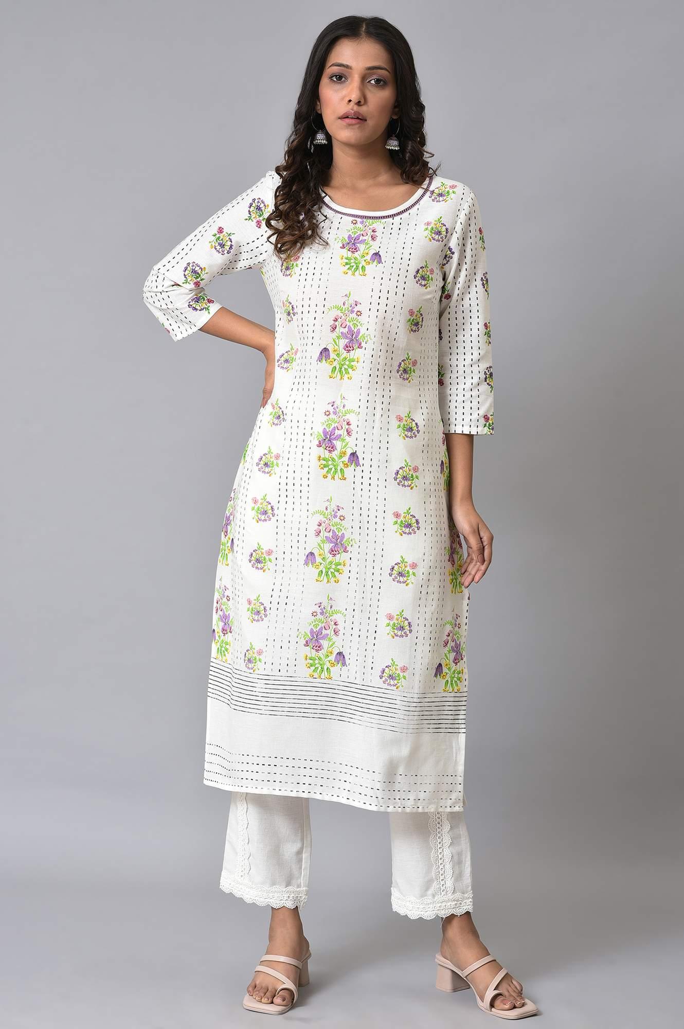 Ecru Floral Printed Straight kurta Set