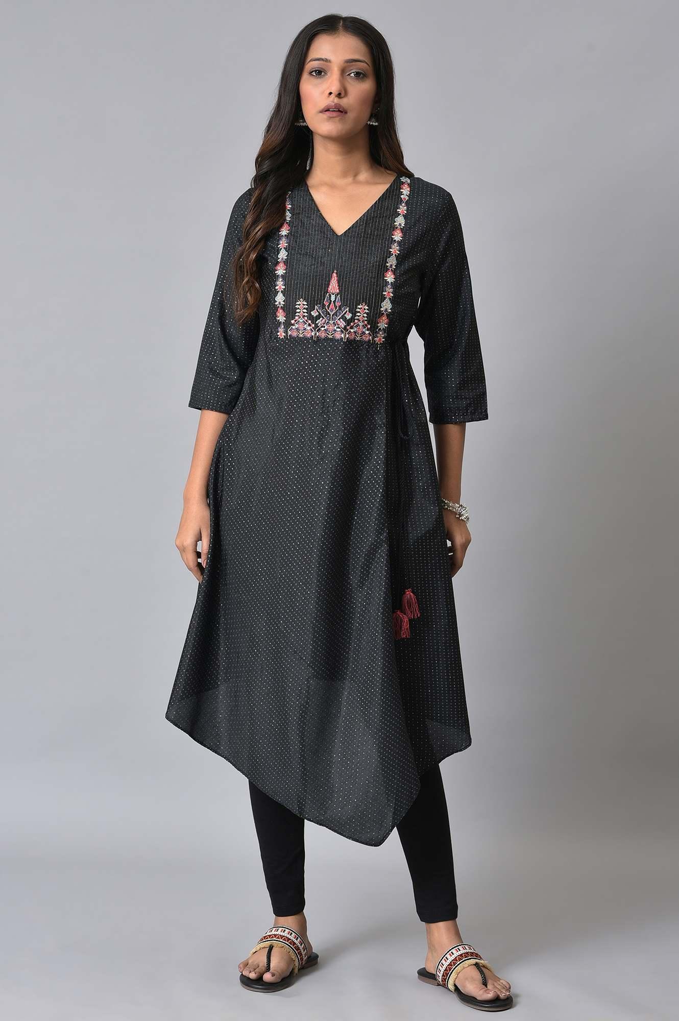 Black Embroidered Asymmetrical kurta Set