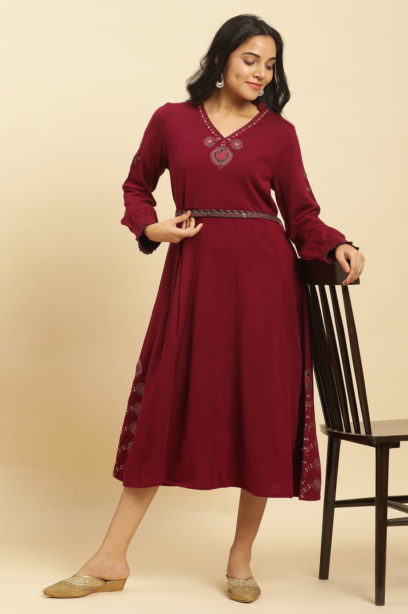 Sangaria Pink Embroidered Winter Dress With Belt