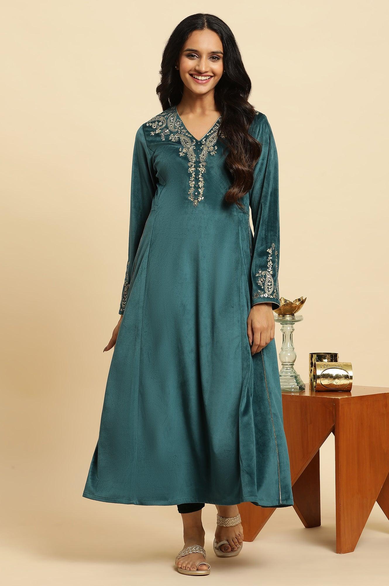 Teal Green Embroidered Flared Velvet Kurta