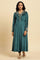 Teal Green Embroidered Flared Velvet Kurta