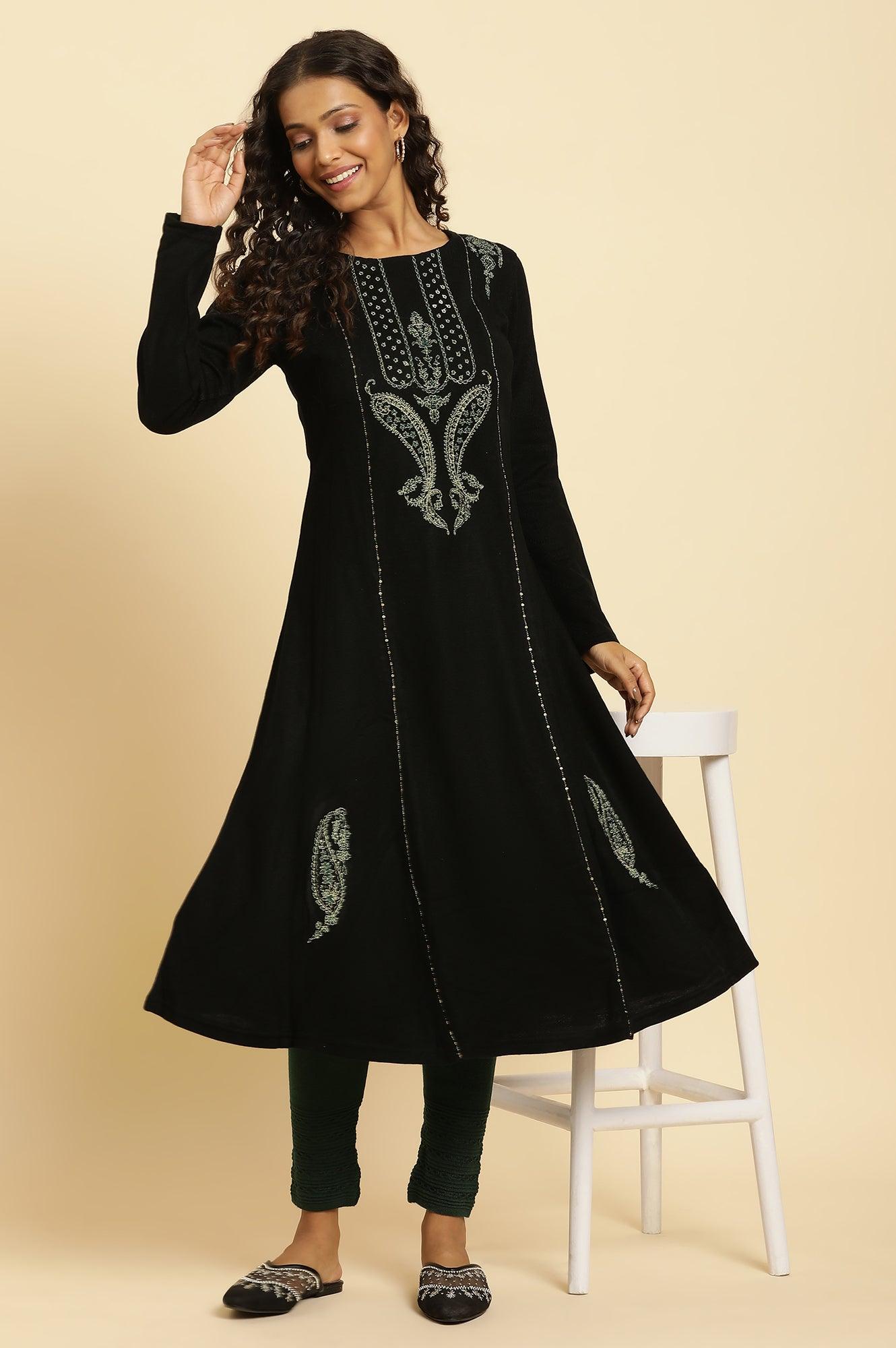 Black Paisley Embroidered Winter Flared Kurta And Tights Set