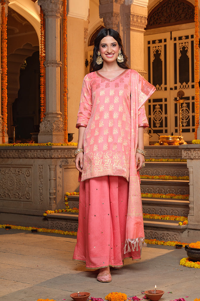 Blush Pink Yarn Dyed Short Festive Kurta, Embroidered Palazzo and Jacquard Dupatta Set