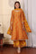 Mustard Yellow Floral Printed Chanderi Anarkali Kurta With Embroidery, Flared Pants And Dupatta Set