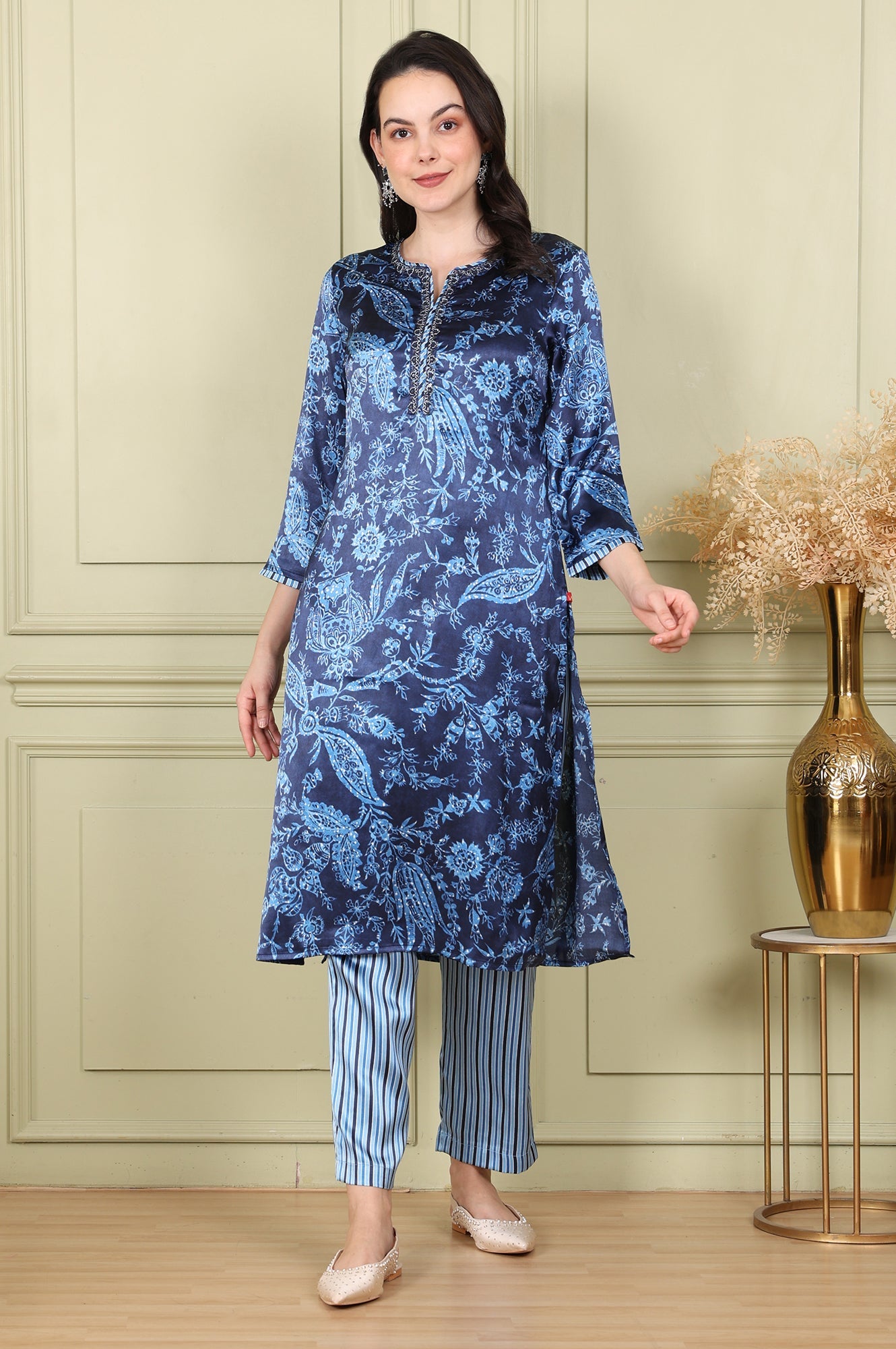 Blue Floral Printed With Thread Work Japenese Satin Kurta And Pants Set