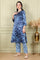 Blue Floral Printed With Thread Work Japenese Satin Kurta And Pants Set