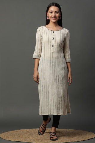 Beige Striped Yarn-Dyed Crinkle Kurta