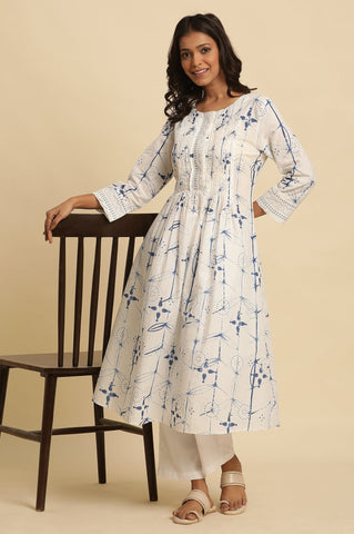 White Cotton Kurta With Blue Print