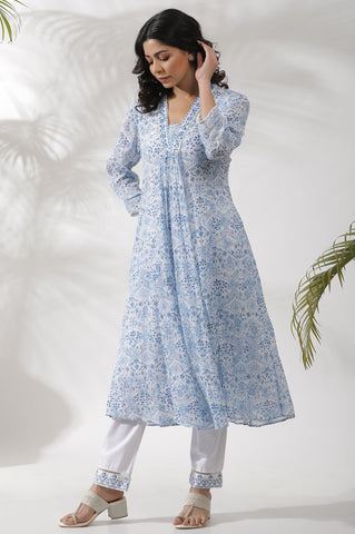 White And Blue Printed Flared Crinkle Kurta