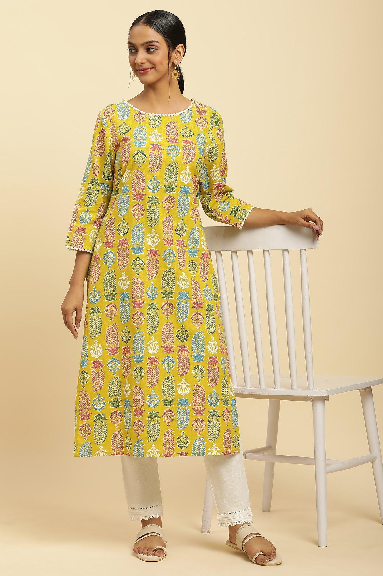 Yellow Floral Printed Cotton Kurta With Lace