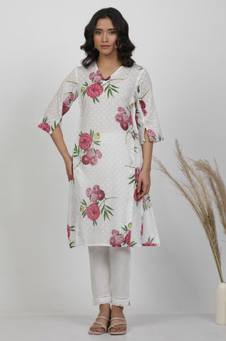 White Floral Printed Textured Cotton Kurta