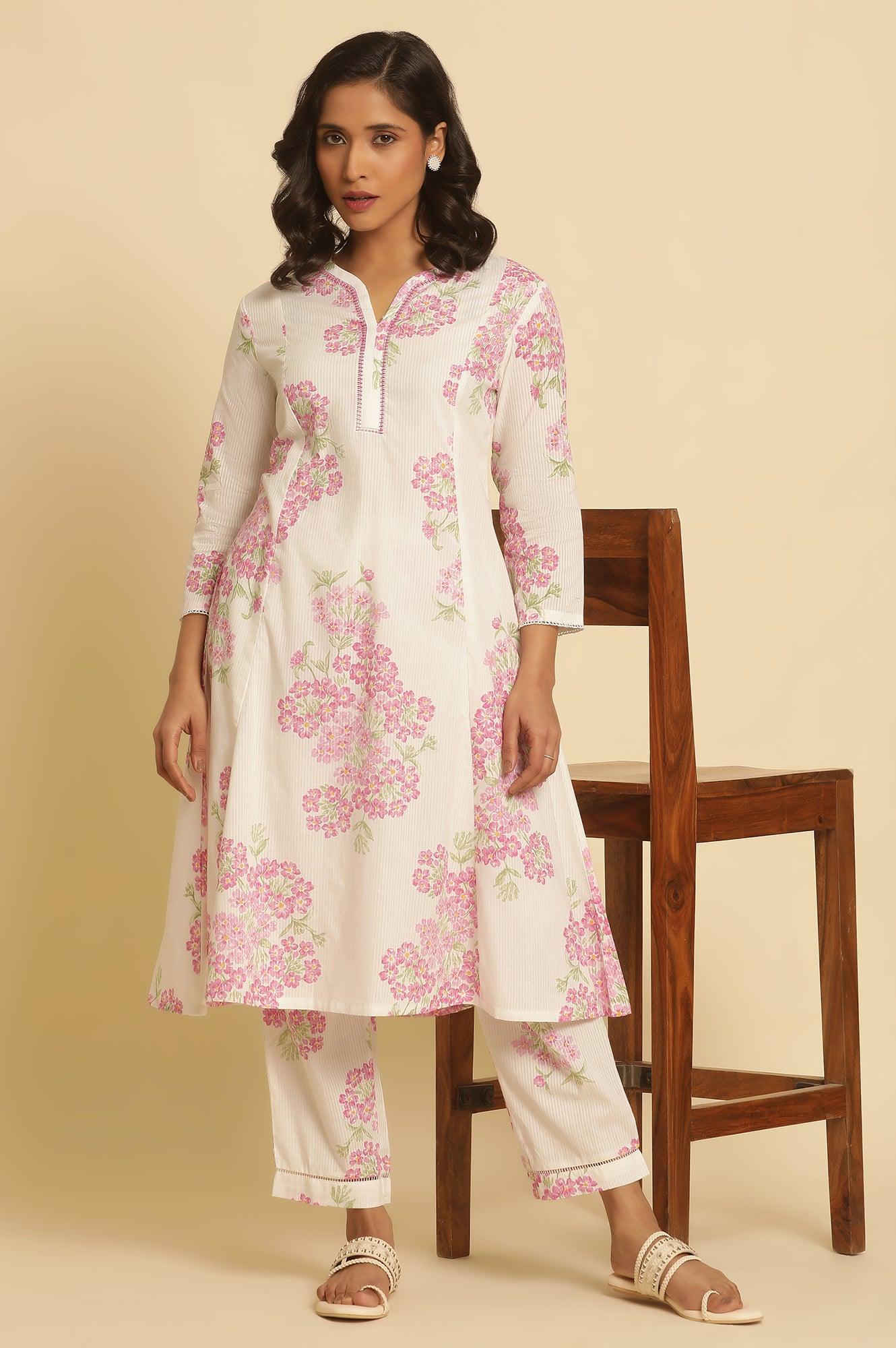 White Flared Floral Printed Kurta And Pants Set