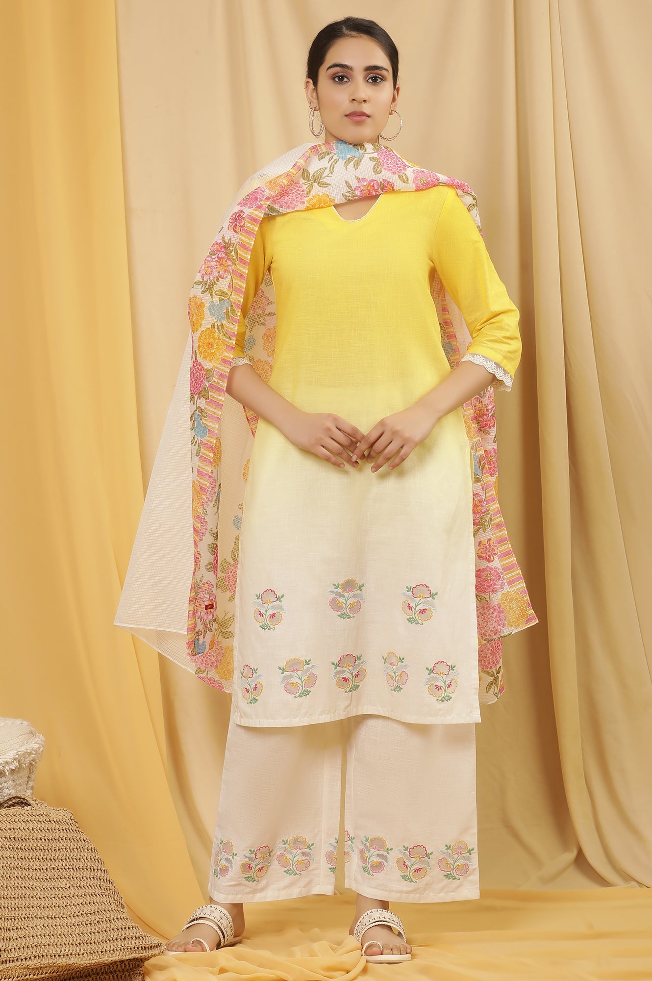 Yellow Ombre Embroidered Kurta, Pants And Dupatta Set