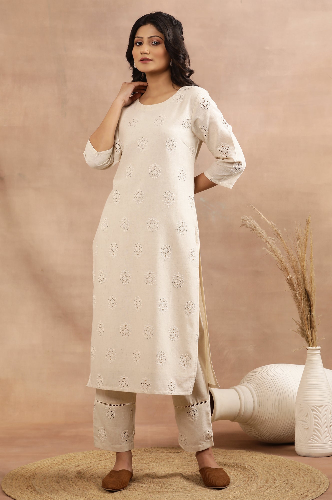 Beige Cotton Shiffli Kurta And Pants Set