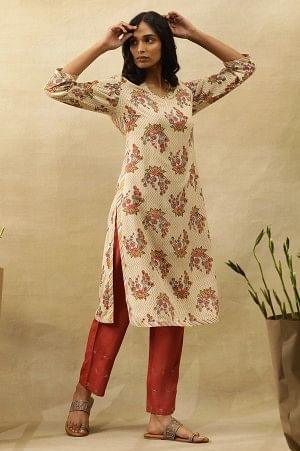 Beige V-Neck Buti Block Printed Kurta